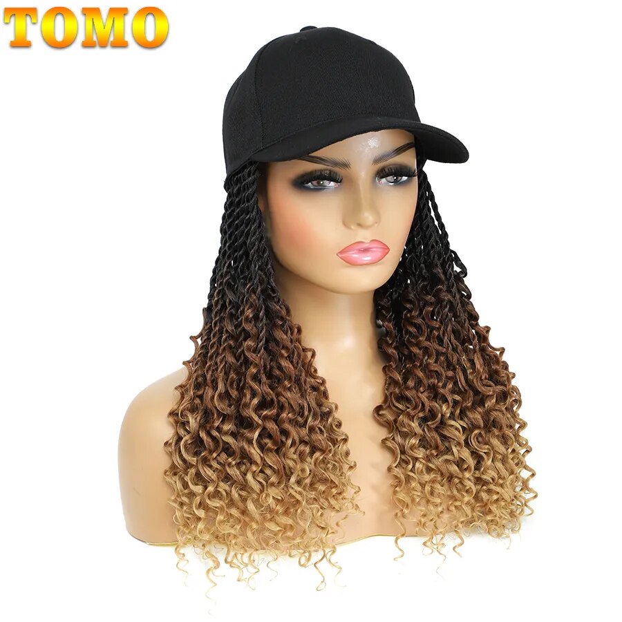 TOMO Short Synthetic Baseball Cap Wig with Senegalese Twist for Women 14Inch Daily Wear Black Hat Wig Adjustable For Girls