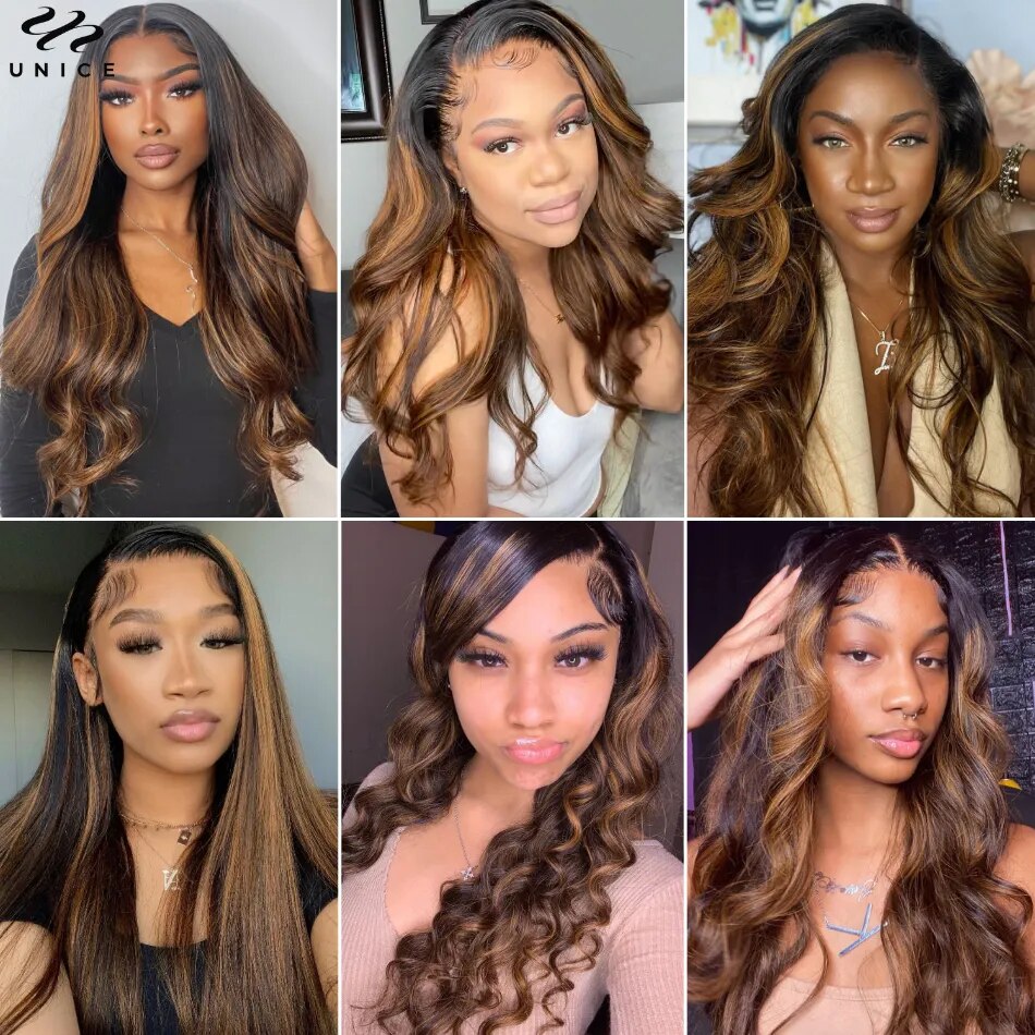 UNice Hair 13x4 Lace Front Wig Human Hair Highlight Color Lace Frontal Wig PrePluck Brown Body Wave Wig Invisible HD Lace Wig