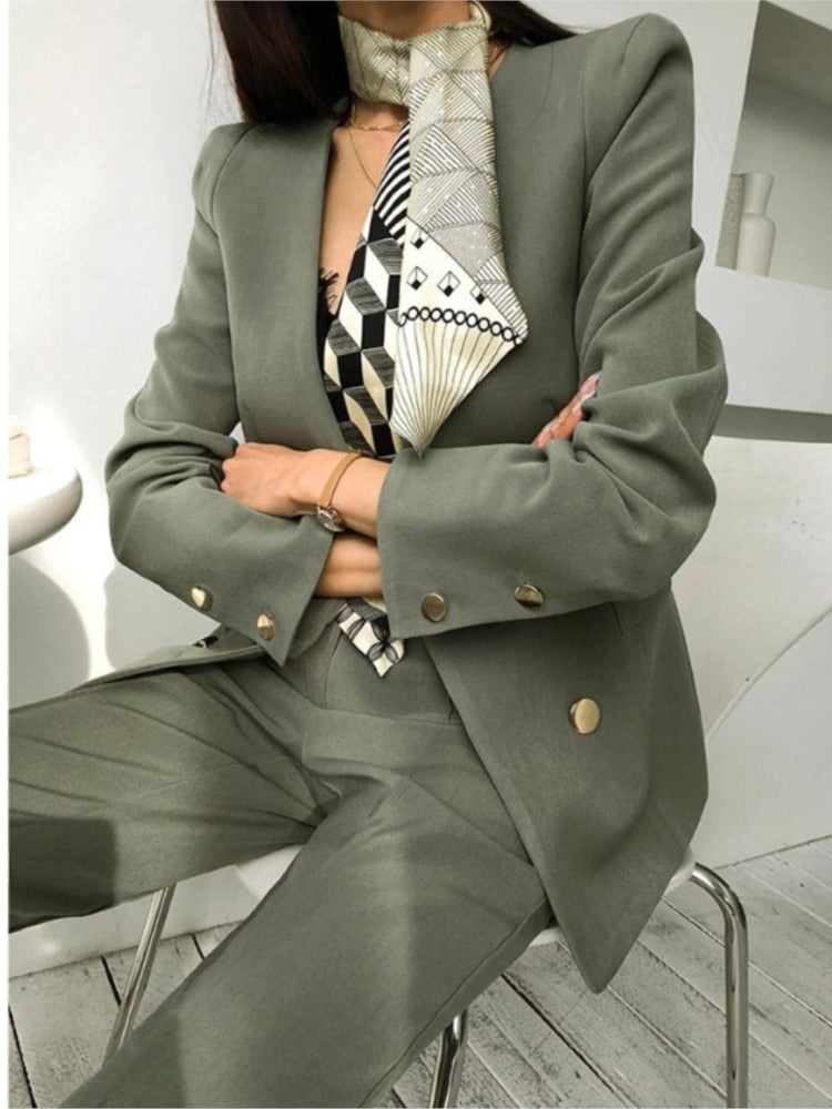 Spring And Autumn Women's Office Suit V-Neck Green Two-Piece Sets Female Blazer Girly Elegant Temperament Pantsuit Setup Ladies