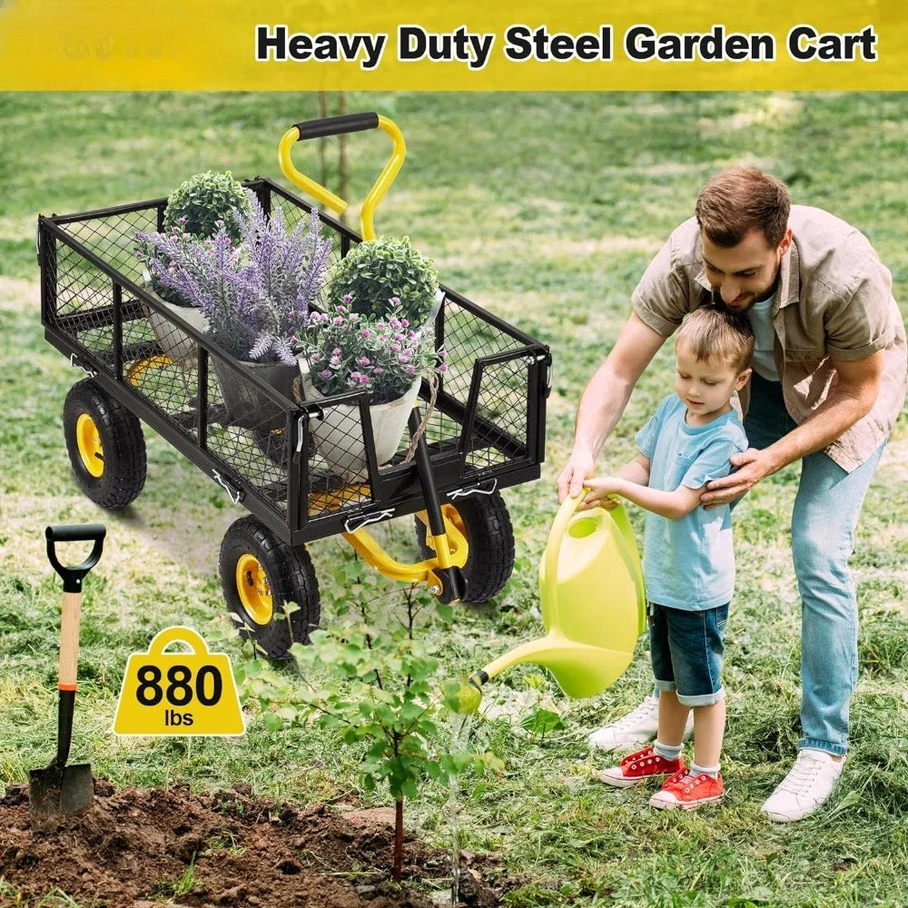 Black Trolley With Removable Sides Camping Carts Farm Wagon Cart With 180°Adjustable Handle for Garden Yard  Steel Garden Cart