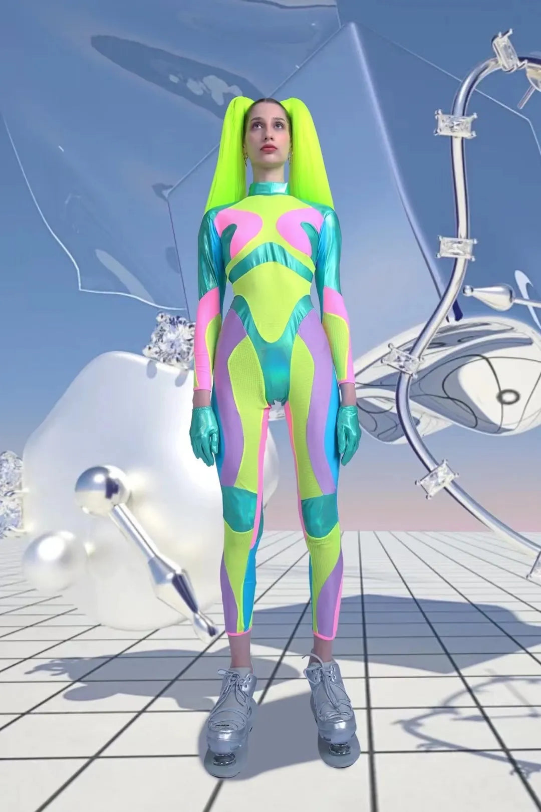 Green Holographic Bodysuit Gogo Costume for Dancers