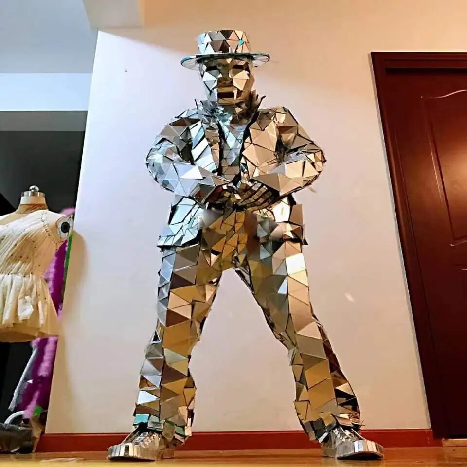 Silver Mirror Robot Suit for Male stage dance wedding Performances