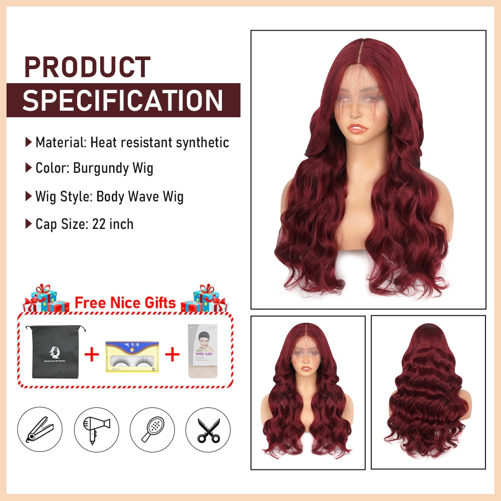 Burgundy Red Synthetic Lace Wigs For Women Red Black Long Body Wave Glueless Pre Plucked Hairline Wig With Baby Hair Cosplay