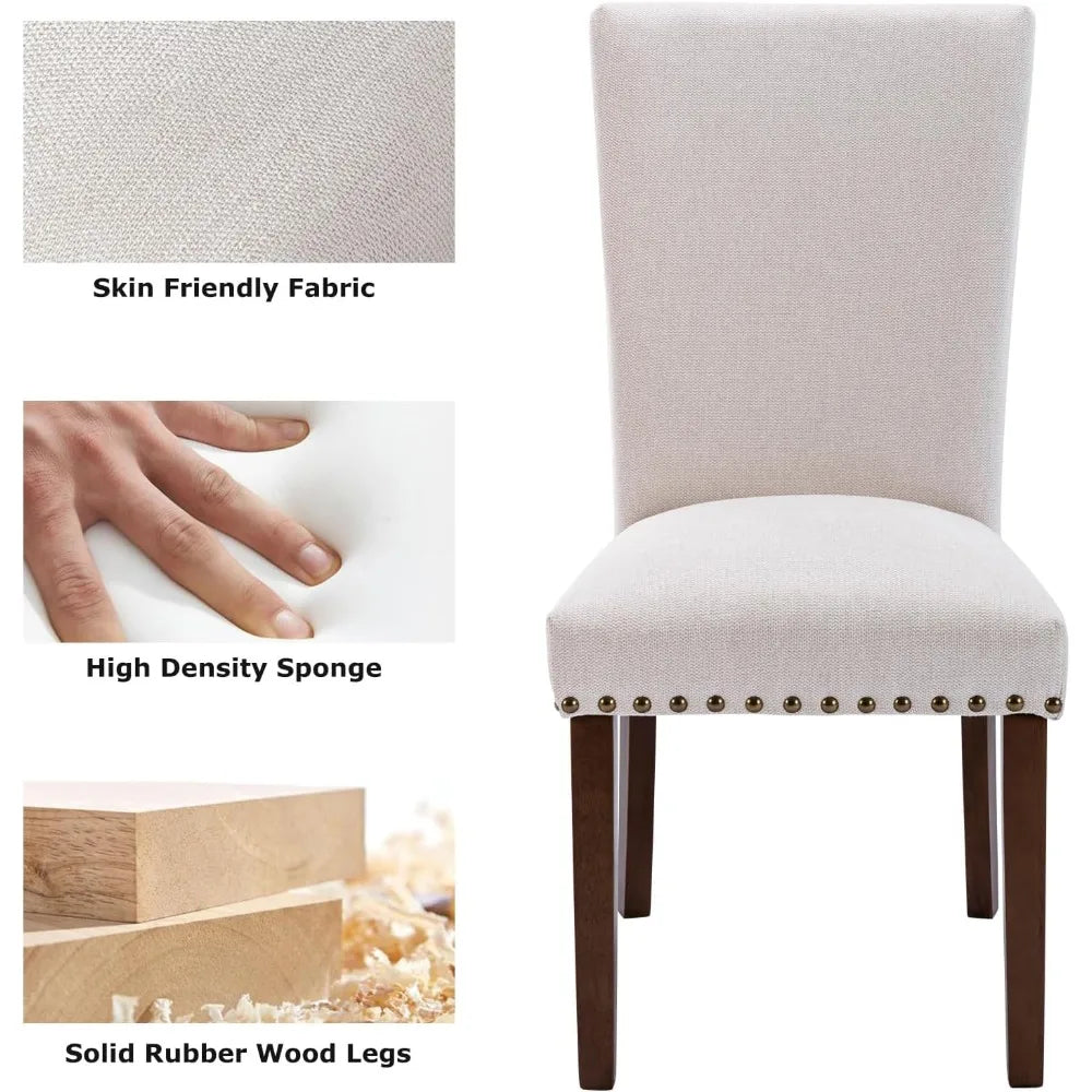 Upholstered Parsons Dining Chairs Set of 4, Fabric Dining Room Kitchen Side Chair with Nailhead Trim and Wood Legs - Beige