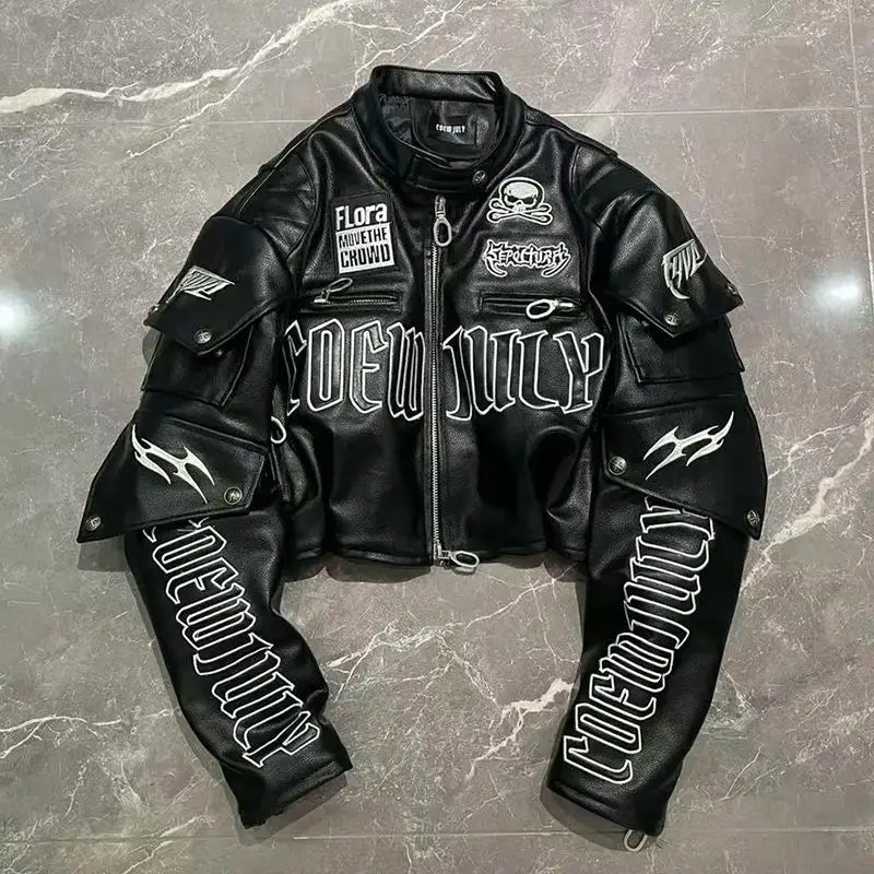 American Letter Embroidered Skull Motorcycle Style PU Leather Jacket Korean Version 2024 High Street Fashion Short Jacket Women