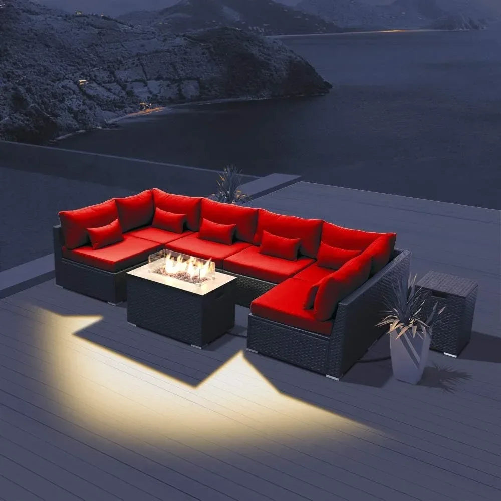 Furniture Sectional Sofa with Gas Fire Pit Table Outdoor Patio Furniture Sets Propane Fire Pit red-Rectangular Garden Sofas