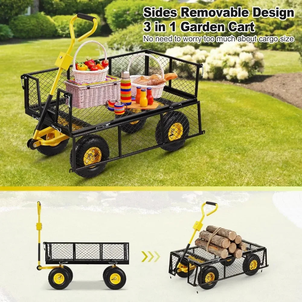 Black Trolley With Removable Sides Camping Carts Farm Wagon Cart With 180°Adjustable Handle for Garden Yard  Steel Garden Cart