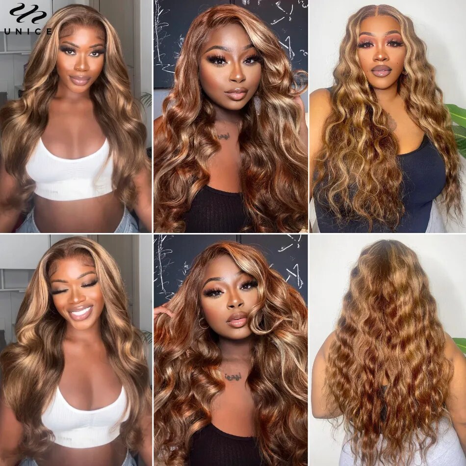 Unice Hair Blonde Highlight 13x4 Lace Frontal Wig Human Hair Wigs Pre plucked Brazilian Body Wave Wig T Part Lace Wig