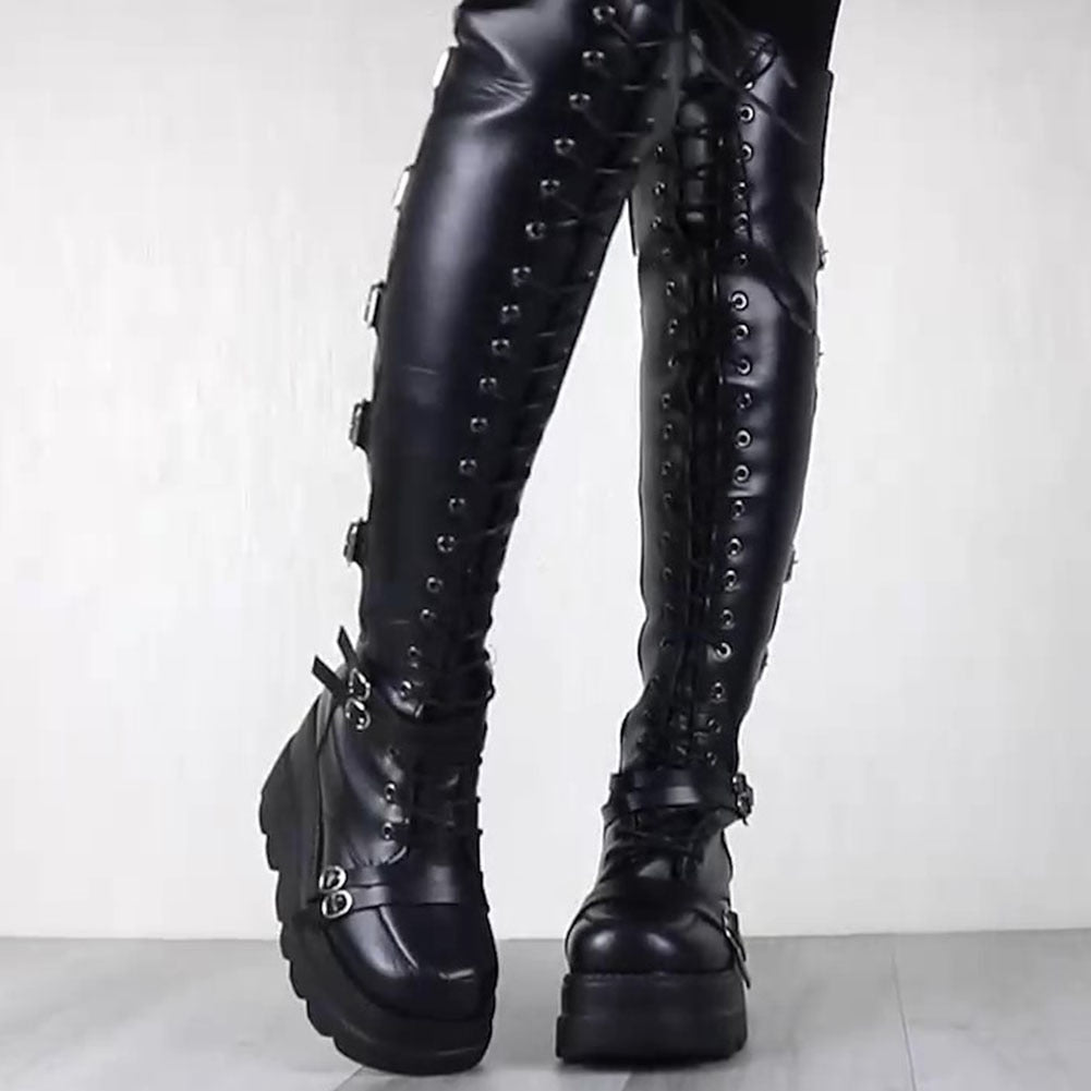 Brand Design Female High Platform Thigh High Boots Fashion Buckle Punk High Heels Boots Women Cosplay Wedges Shoes Woman