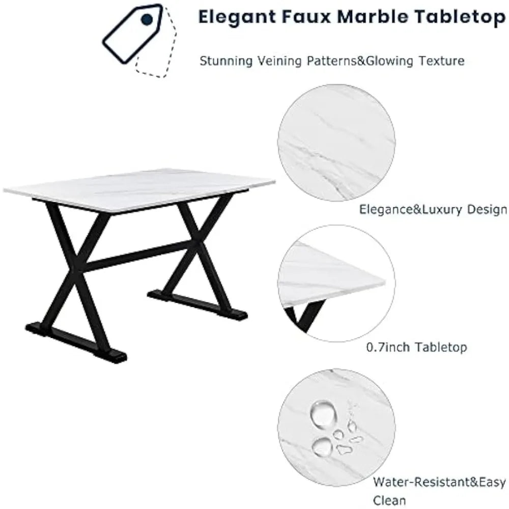 Dinning Tables Sets 5 Pieces Dining Table Set With Faux Marble Tabletop and Upholstered Chairs White+Beige Room Furniture Home