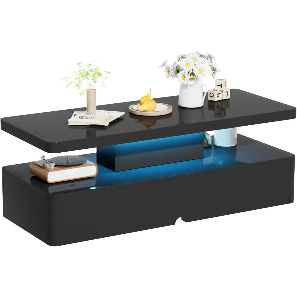 Furniture - Table 16 color LED lights - Living Room table Two level design Black luxury coffee table