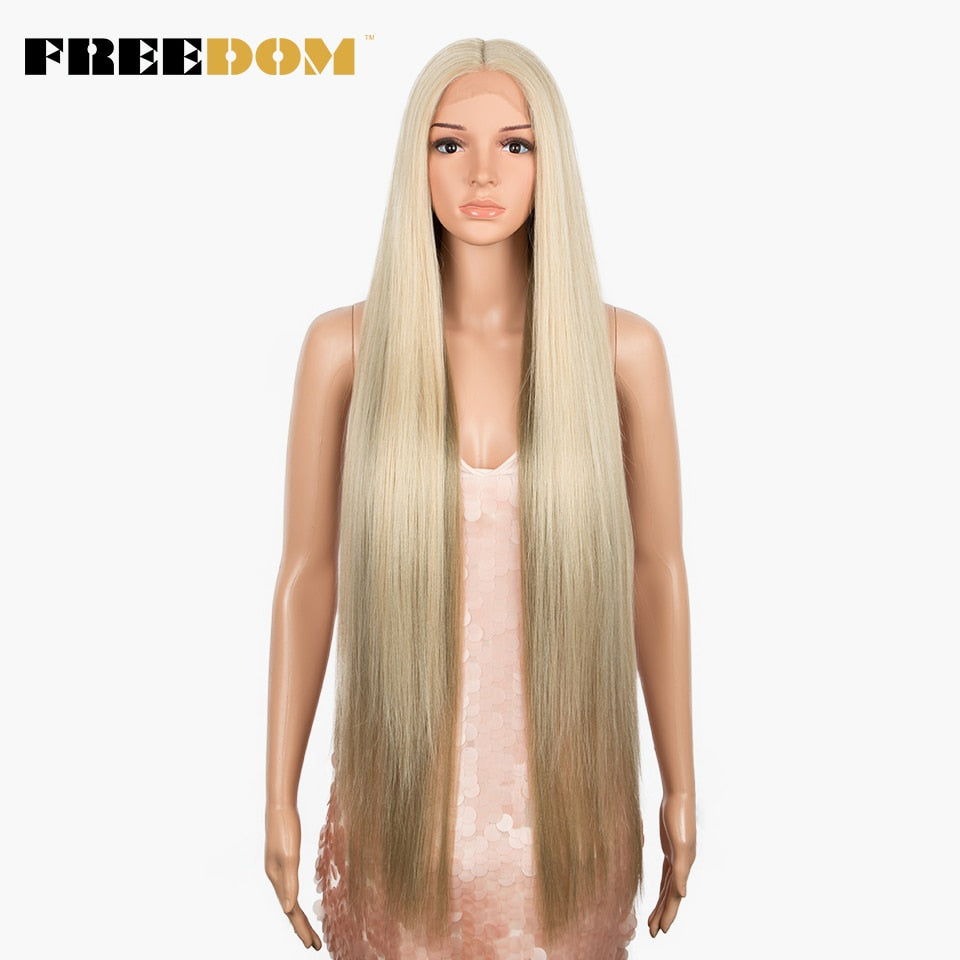 FREEDOM Synthetic Lace Front Wigs For Women Super Long 38Inch Ombre Blonde Highlight Ginger Straight Lace Wigs Cosplay Wigs