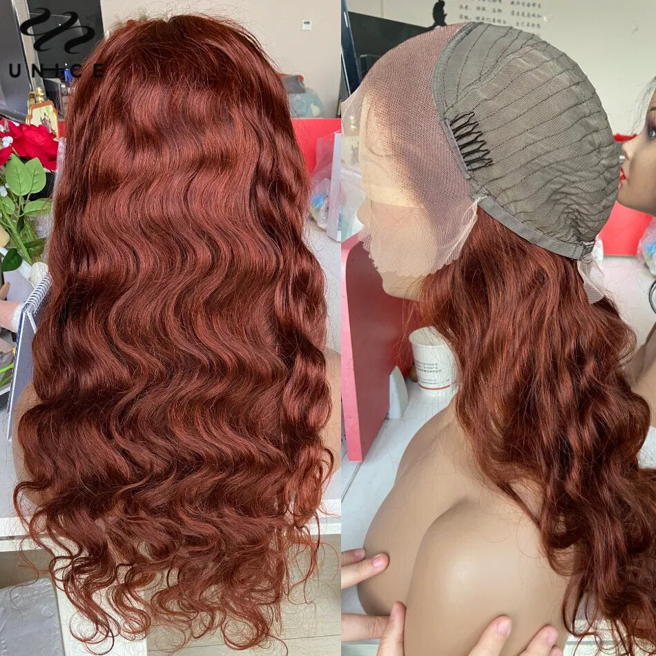 UNice Reddish Brown Body Wave 13x4 Lace Front Wig Human Hair Preplucked Pre-Cut 6x4.75 Lace Wear Go Glueless Wig for Women