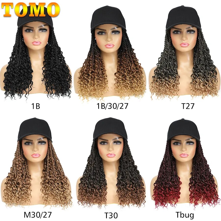 TOMO Short Synthetic Baseball Cap Wig with Senegalese Twist for Women 14Inch Daily Wear Black Hat Wig Adjustable For Girls