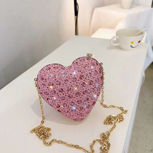 Shiny Rhinestones Women’s Heart Shape Clutch Purse, Lady Gold-Evening Minaudiere Bags, Bridal Wedding Handbags, Formal Party Purses