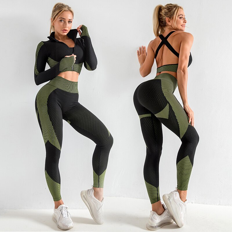 CZGUKE Women 3pcs Seamless Workout Outfits Sets Yoga Sportswear Tracksuit Leggings and Stretch Sports Bra Fitness