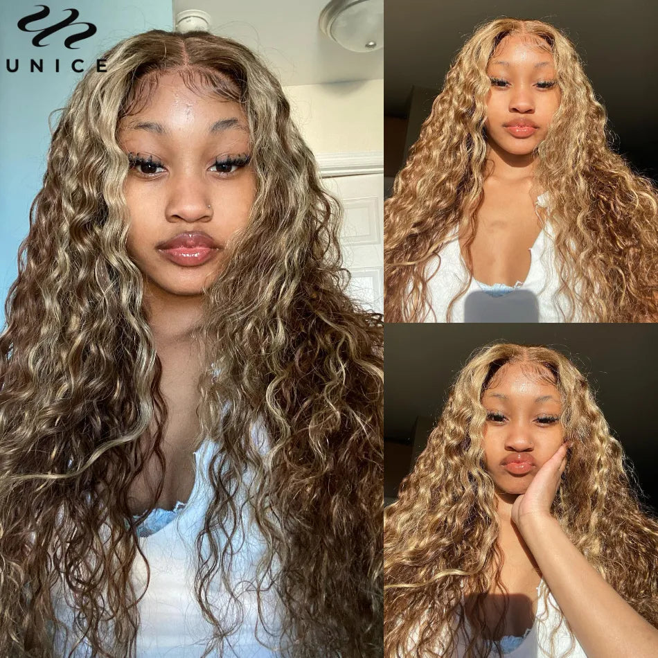 UNice Hair Mixed Brown Blonde Highlight Water Wave 13x4 Lace Front Wig Human Hair Preplucked HD Lace Wear Go Glueless Wig