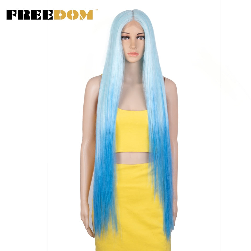 FREEDOM Synthetic Lace Front Wigs For Women Super Long 38Inch Ombre Blonde Highlight Ginger Straight Lace Wigs Cosplay Wigs