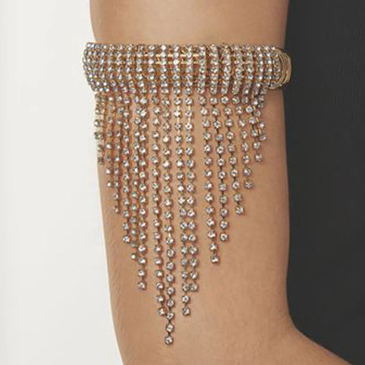 Stonefans Long Tassel Rhinestone Arm Bracelet Hand Jewelry for Women Adjustable Crystal Stretch Bracelet Party Wristband Bangle