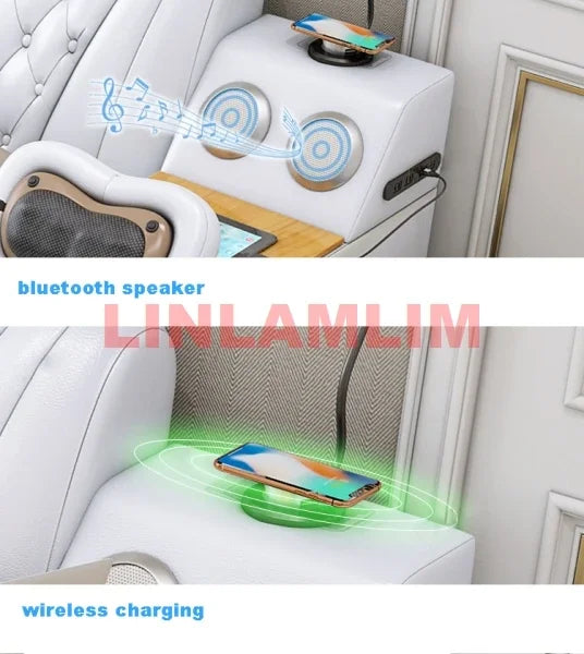 Linlamlim Genuine Leather Tech Smart Bed Multifunctional Beds Ultimate Massage Camas Upholstered Bed with Bluetooth,Speaker,USB