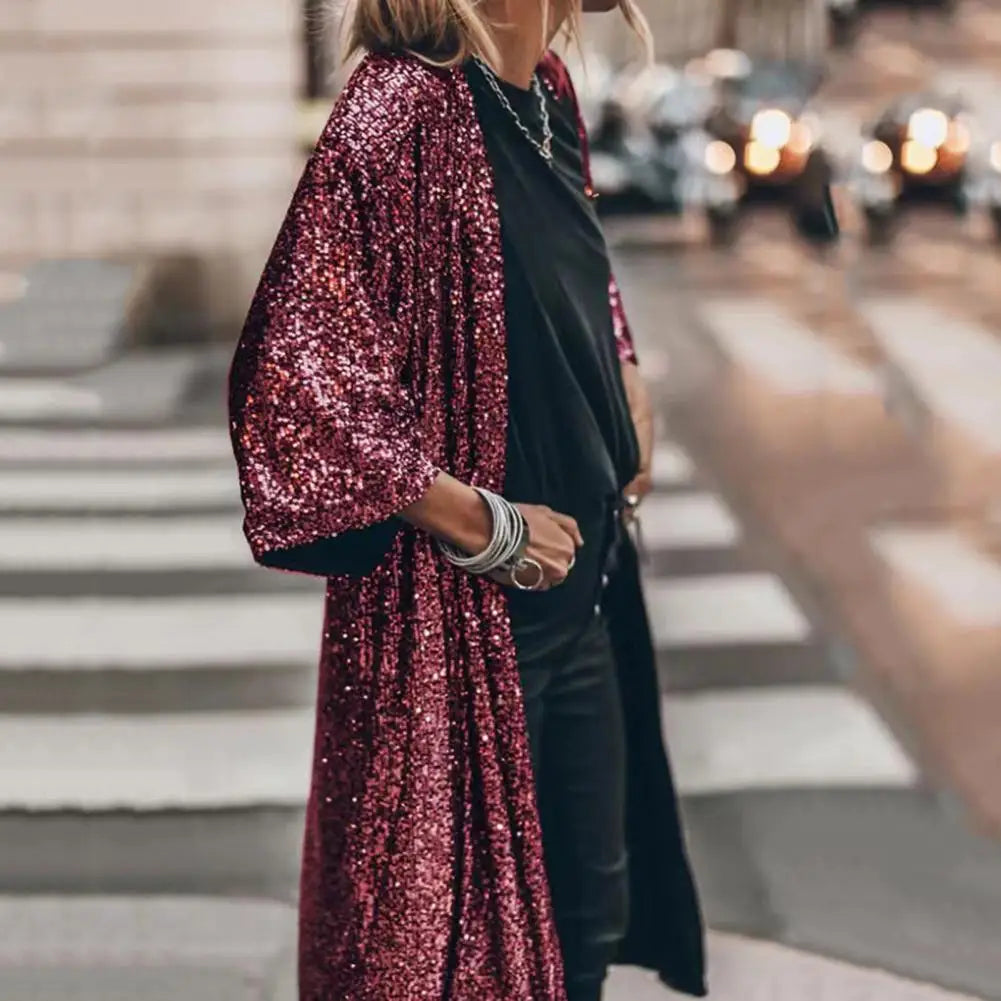 Spring Autumn Women Sequins Blazer Sequin Shimmer Jacket Top Casual Long Sleeve Glitter Party Shiny Lapel Coat Outerwear