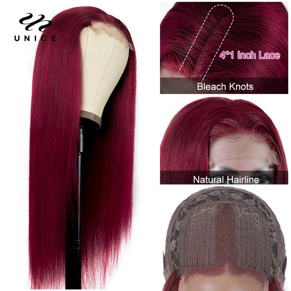 Unice Hair Burgundy 13x4 Lace Front Wig Human Hair Wigs Pre Plucked 99J Transparent Lace Front Human Hair Wigs for Women