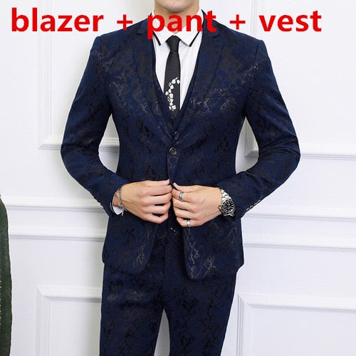 Left ROM Brand Luxury Men Wedding Suits Black/Blue Business Banquet Party Dress Sets Slim Fit Male Clothing