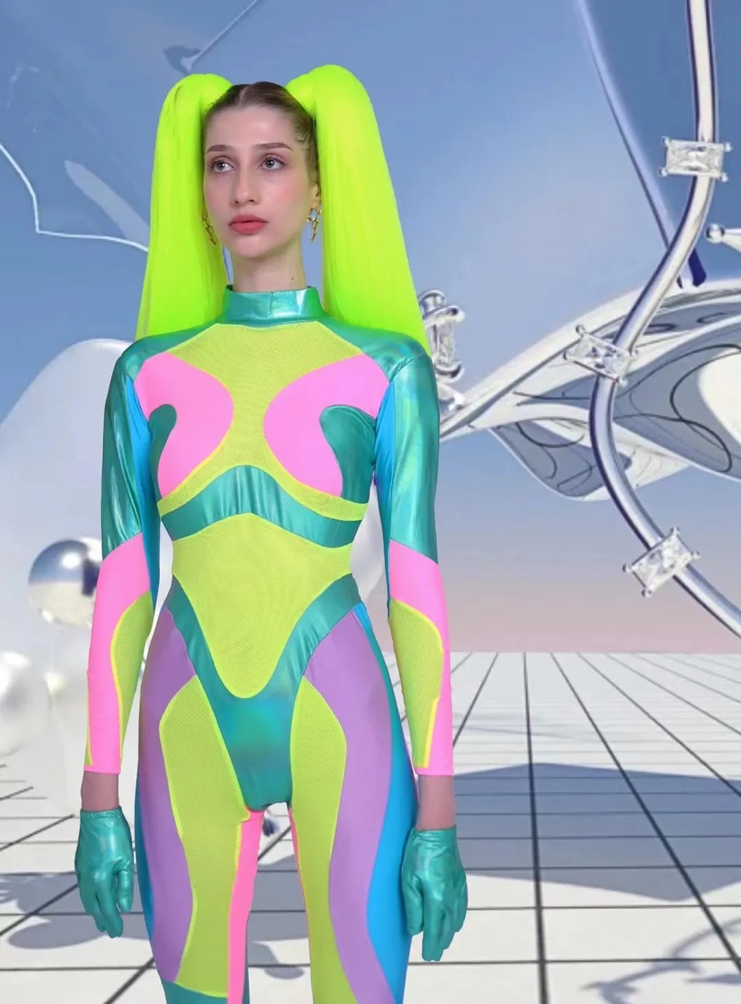 Green Holographic Bodysuit Gogo Costume for Dancers