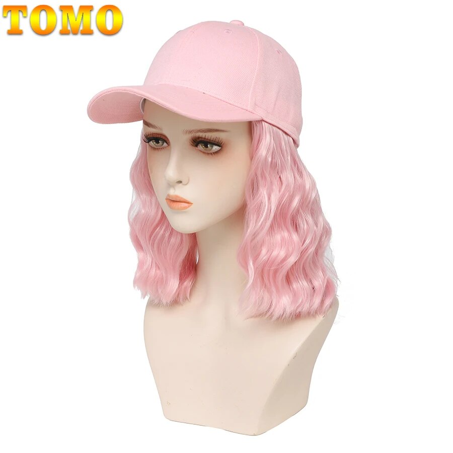 TOMO Short Pink Bob Baseball Cap Wig Adjustable Synthetic Natural Nave Wigs Hat Seamless Connection Hair Extension for Women