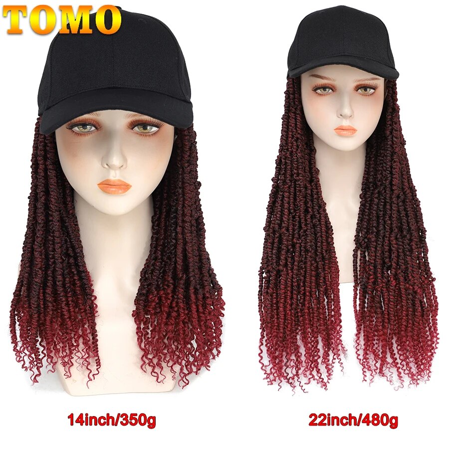 TOMO Short Mini Passion Twist Synthetic Hair with Adjustable Hat Wig Baseball Cap with 14" Spring Twist Crochet Hair Extensions