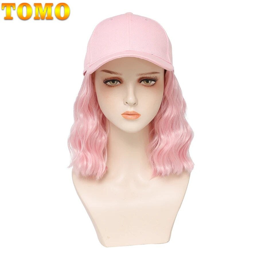 TOMO Short Pink Bob Baseball Cap Wig Adjustable Synthetic Natural Nave Wigs Hat Seamless Connection Hair Extension for Women