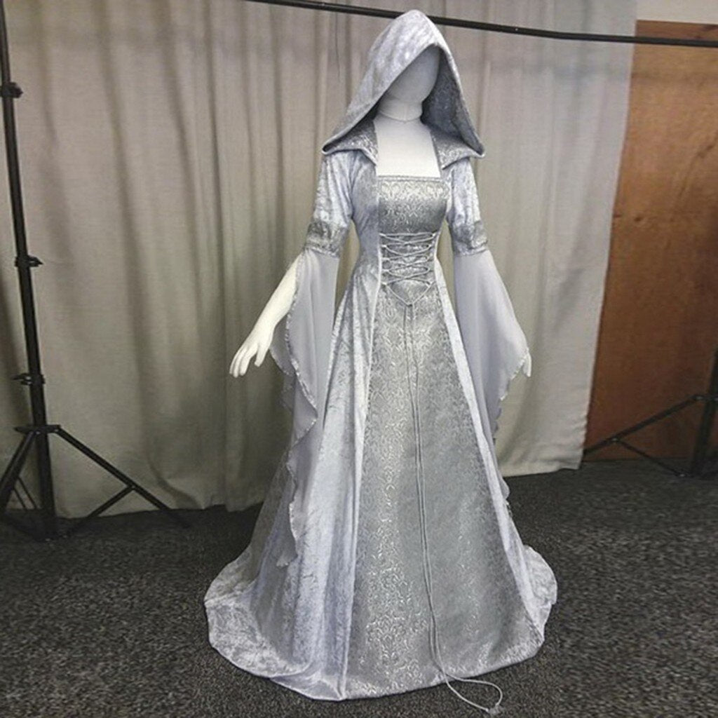 Medieval Renaissance Maxi Train Dress Women Halloween Devil Pagan Witch Wedding Costume Hooded Gown Robe Cosplay Costume