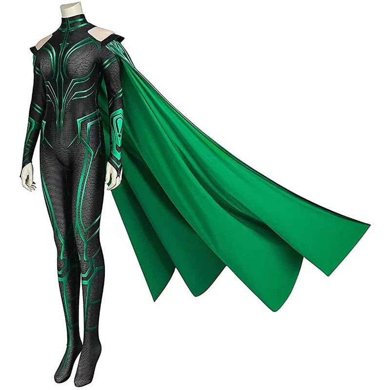 Marvel Thor 3 Ragnarok Supervillain Hela Cosplay Costume Jumpsuit Bodysuit Cloak Halloween Cosplay Costumes for Aldult Women