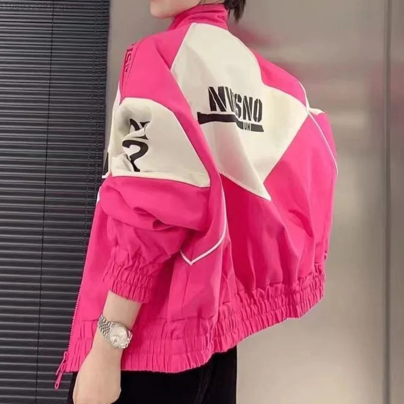 American Retro Hot Pink Patchwork Racer Jacket For Women Y2k Zipper 2023 New Loose Oversize Fitting Casual Bomber Jacket Coat