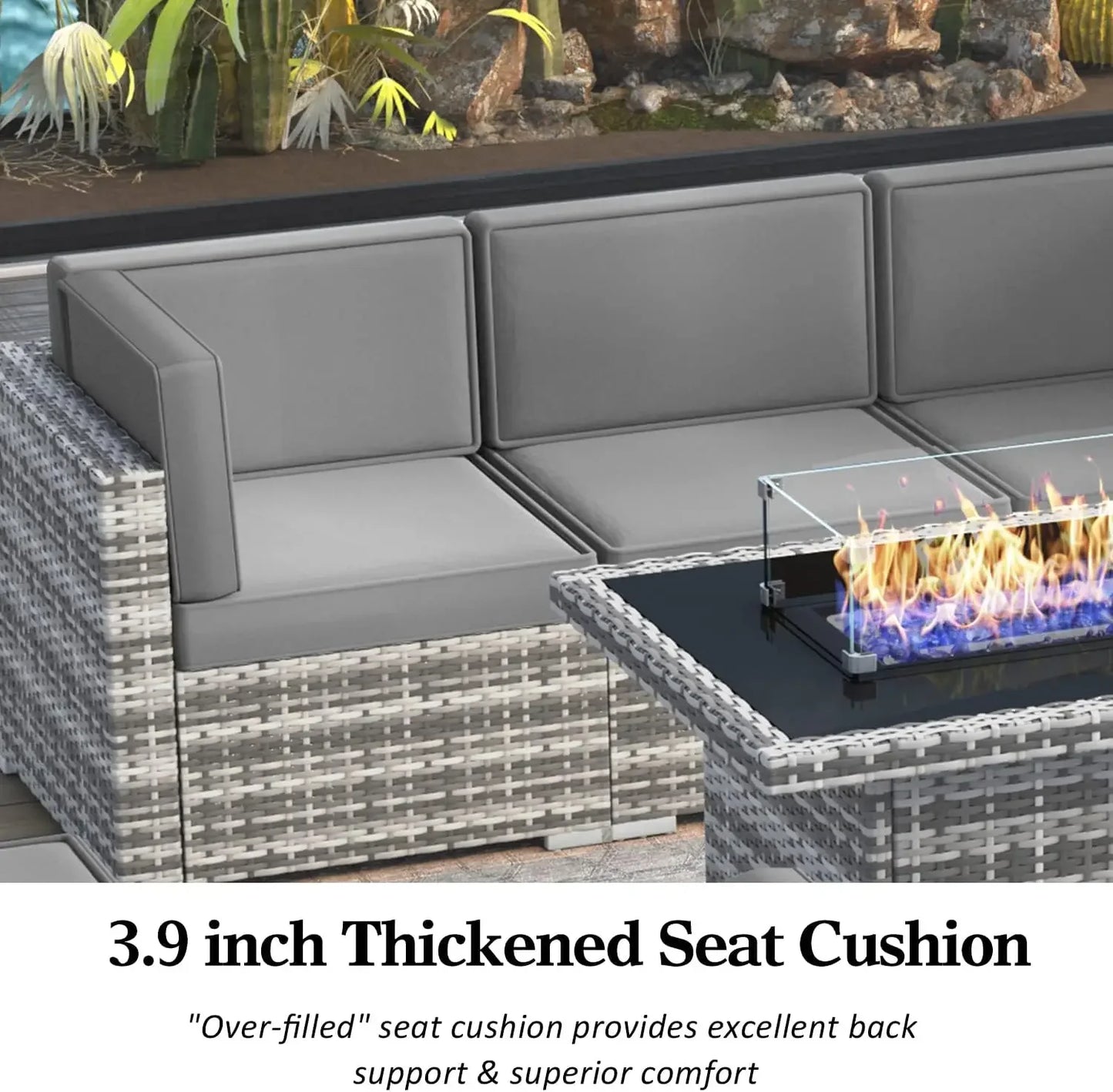 7/8 Piece Patio Furniture Set with 44" Propane Gas Fire Pit Table, Outdoor Sectional Conversation Set Wicker Rattan Sofa Set