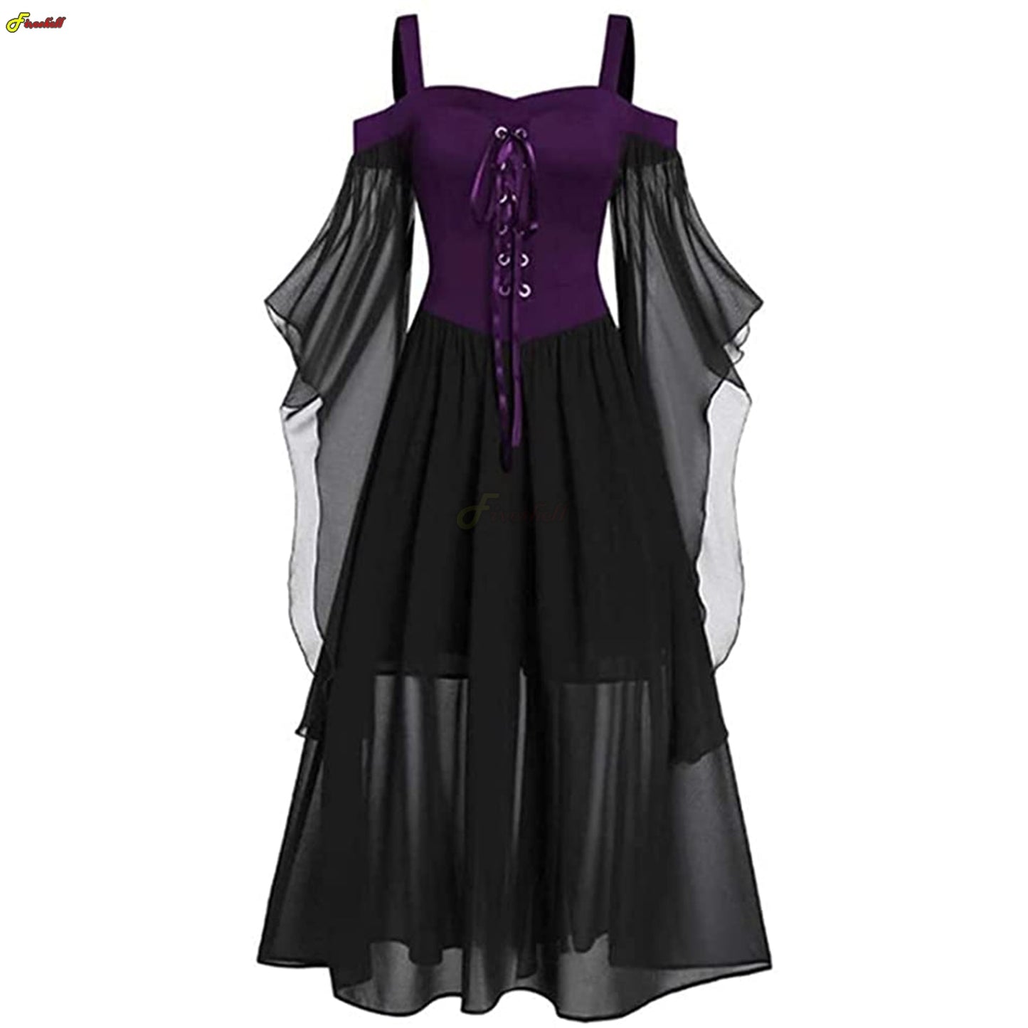 Halloween Witch Cosplay Costumes Gothic Off Shoulder Lace-up Vestidos Bandage Mesh Sheer A-line Long Party Xmas Dress for Women