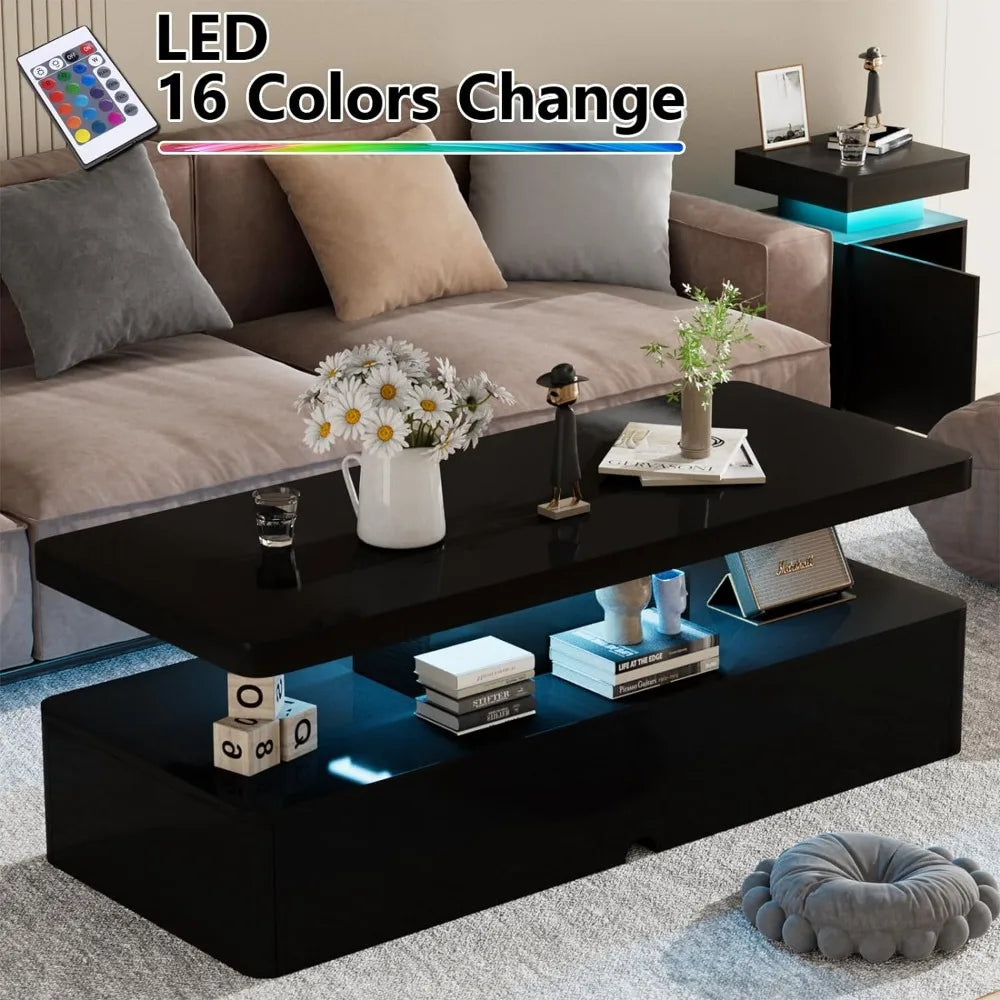 Furniture - Table 16 color LED lights - Living Room table Two level design Black luxury coffee table