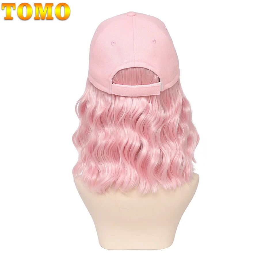 TOMO Short Pink Bob Baseball Cap Wig Adjustable Synthetic Natural Nave Wigs Hat Seamless Connection Hair Extension for Women