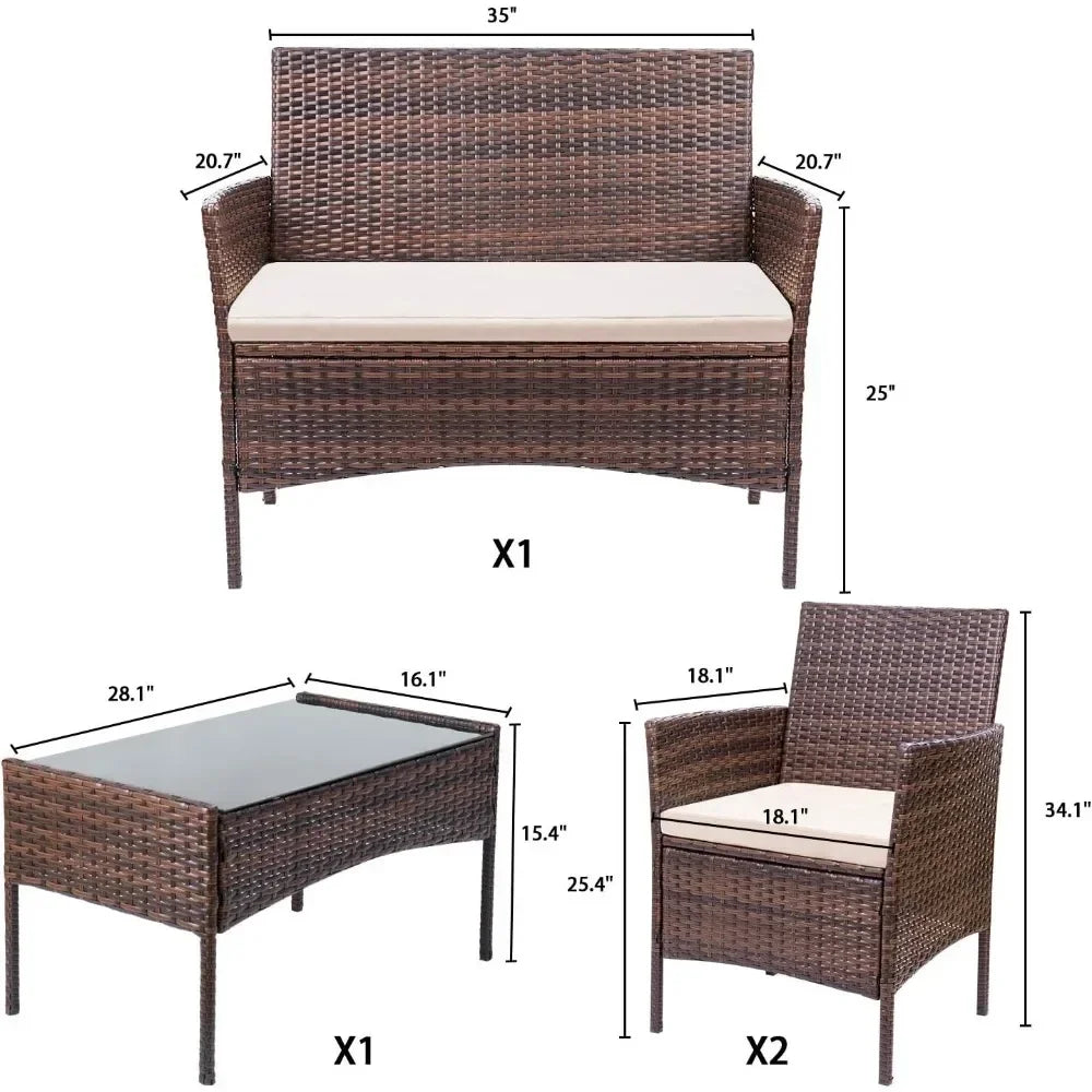 Outdoor Indoor Use Backyard Porch Garden Poolside Balcony Sets Brown and Beige 4 Pieces Furniture Outdoor Furniture Set