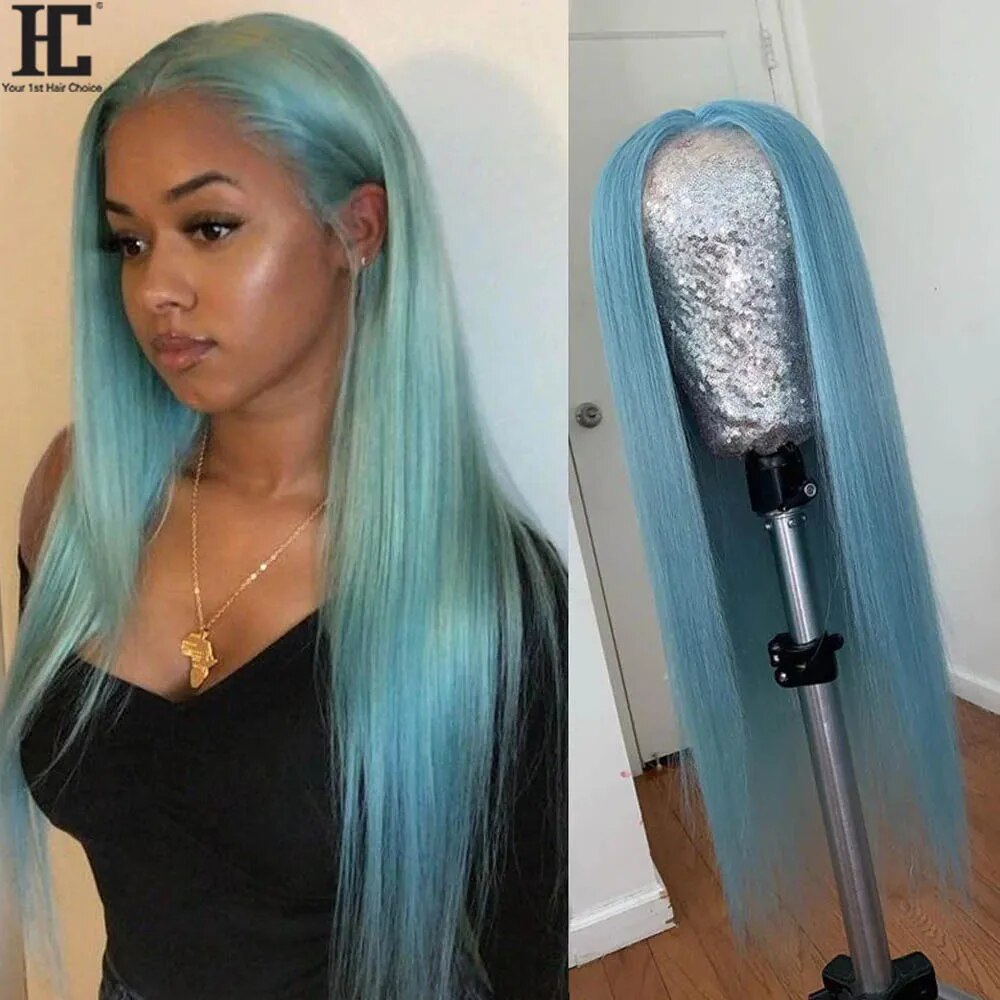 Light Blue 13x4 Lace Frontal Wigs 36 38 Inch Sky Blue Human Hair Lace Front Colored Wigs HD Transparent 13x1 Lace Part Wig 150%