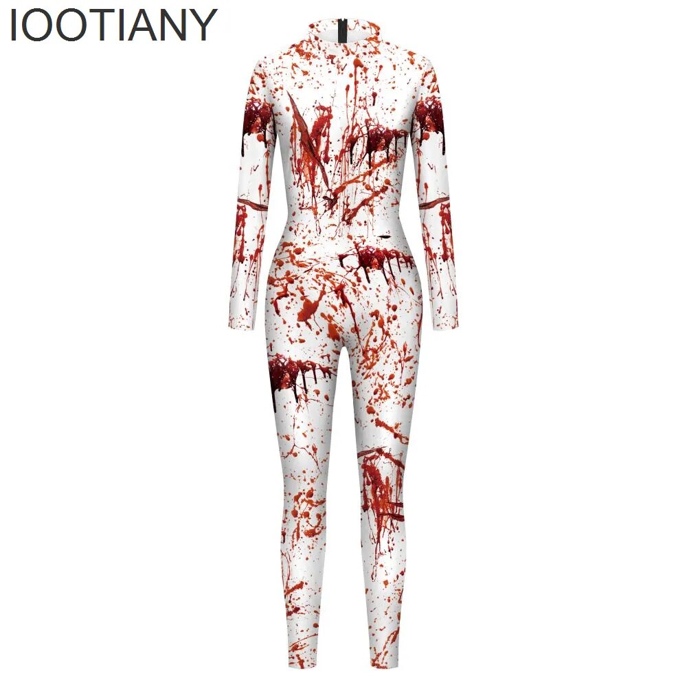 IOOTIANY Bloody Bloodstains 3D Print Women Sexy Jumpsuit Halloween Horror Carnival Cosplay Costumes Fancy Bodysuit Party Rompers