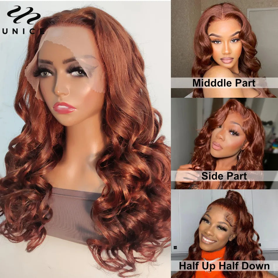 UNice Reddish Brown Body Wave 13x4 Lace Front Wig Human Hair Preplucked Pre-Cut 6x4.75 Lace Wear Go Glueless Wig for Women