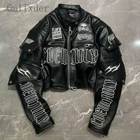 American Letter Embroidered Skull Motorcycle Style PU Leather Jacket Korean Version 2024 High Street Fashion Short Jacket Women