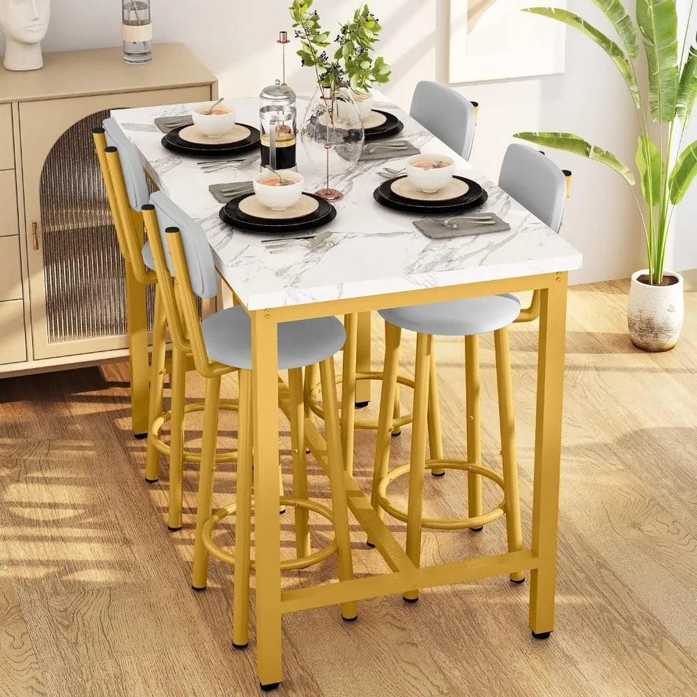 Dining Table Set for 4, Bar Tables and Chair Sets Faux Marble Counter Height Dining Tables Set with 4 PU Upholstered Stool Table