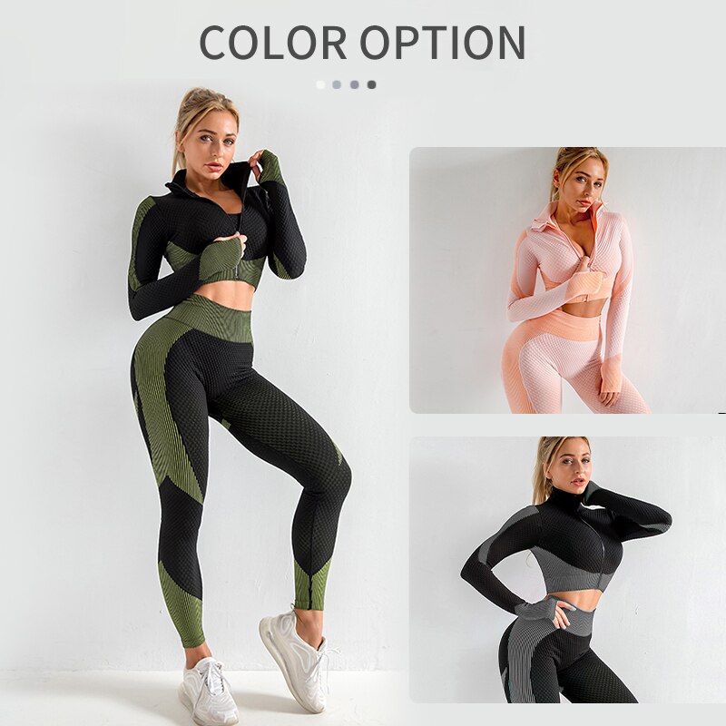 CZGUKE Women 3pcs Seamless Workout Outfits Sets Yoga Sportswear Tracksuit Leggings and Stretch Sports Bra Fitness