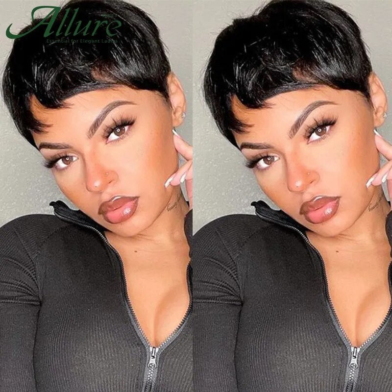 Natural Short Bob Pixie Cut Wigs For Black Women Straight Colored Human Hair With Bangs Glueless Natural Brazilian Hair Allure