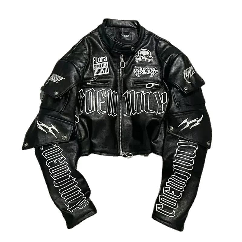 American Letter Embroidered Skull Motorcycle Style PU Leather Jacket Korean Version 2024 High Street Fashion Short Jacket Women