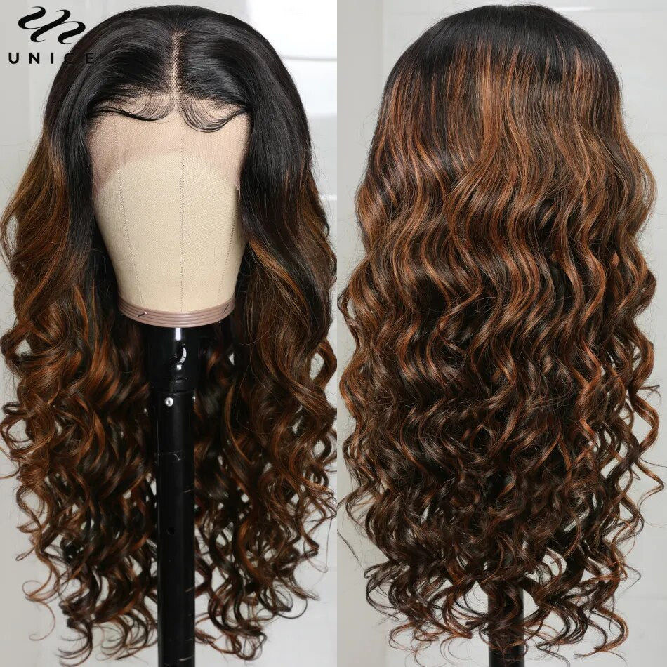 UNice Hair 13x4 Lace Front Wig Human Hair Highlight Color Lace Frontal Wig PrePluck Brown Body Wave Wig Invisible HD Lace Wig