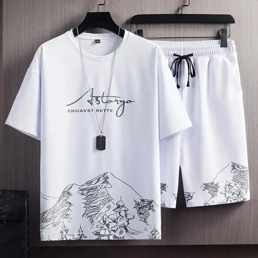 2Pcs/Set Men's Outfit-O-Neck-Short Sleeve-Elastic Waistband-Mountain Print-Drawstring