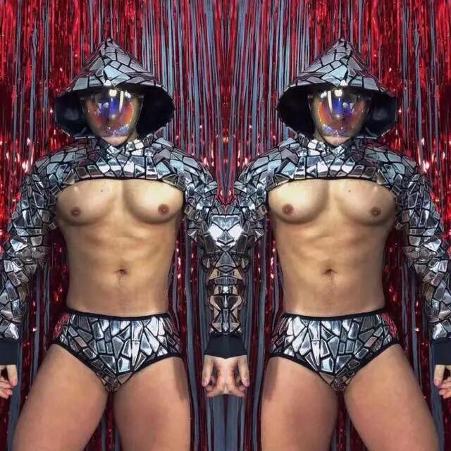 Bar Nightclub Men Dancer Pole Dancing Sexy Costume Band Festival Rave Stage Outfit Silver Laser Sequins Hooded Tops Shorts Set